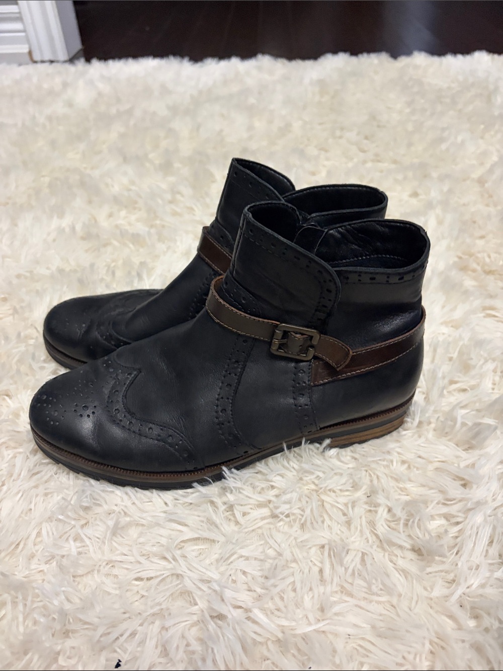 Black Leather Ankle Boots with Brown Strap